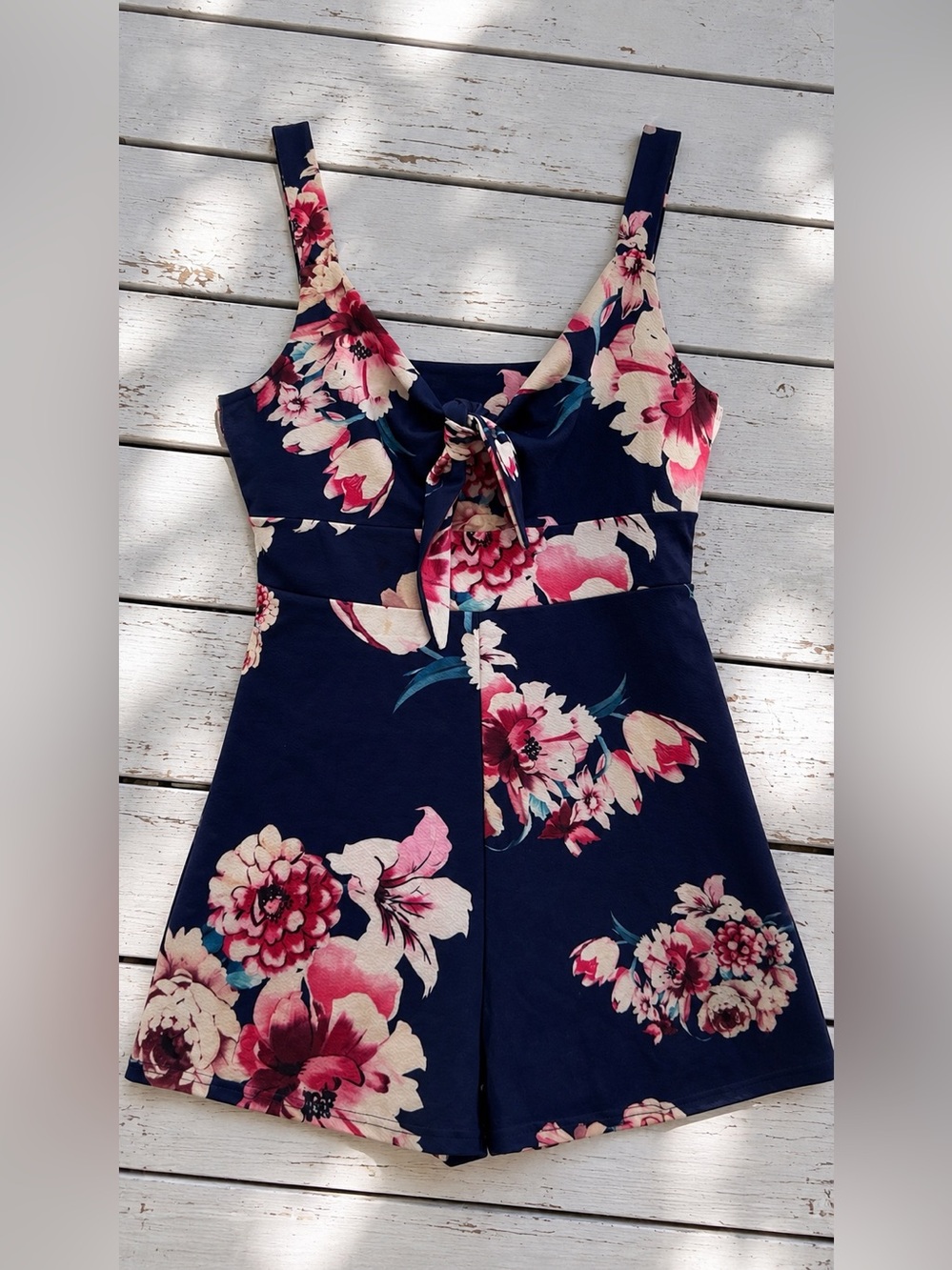 Womens Floral Romper Medium Navy Pink Tie Front Sleeveless Side Zip Boho